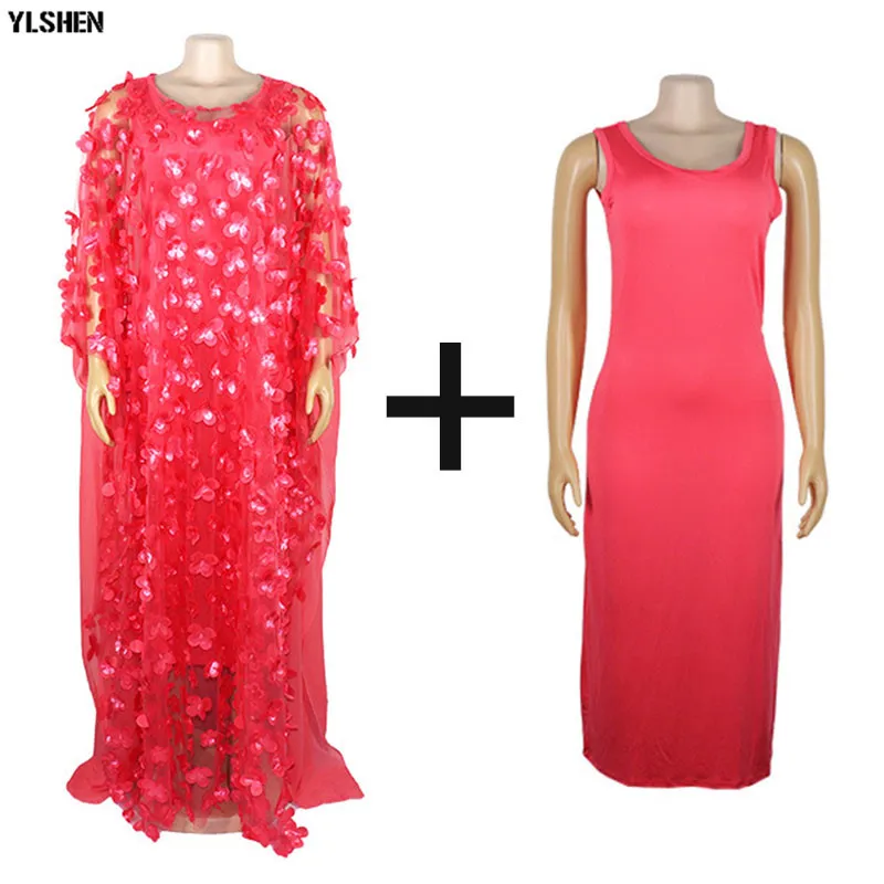 Новые африканские платья для женщин Дашики кружева цветок африканская одежда Базен кафтан бубоу халат Африканский платье вышивка длинное платье - Цвет: Red 2 Pieces Set