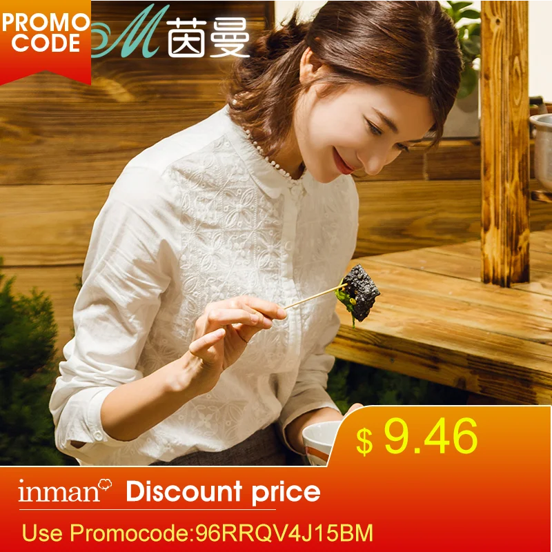 INMAN Women Tops and Delicate Embroidered Ladies Blouse Stand Collar Cotton Shirt Long Sleeves Whit