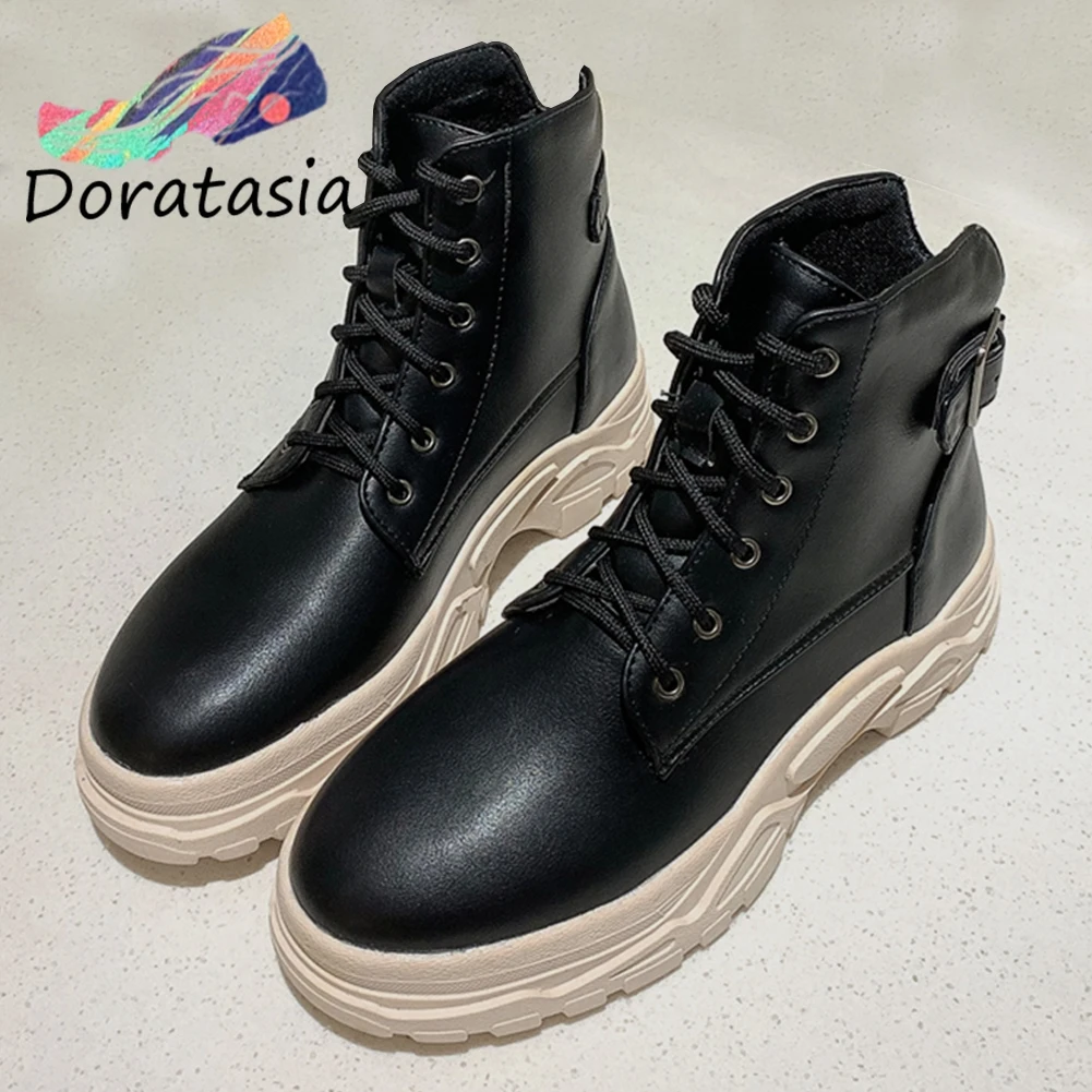 

DORATASIA Hot Sale 29-46 Fake Leather Booties Ladies Add Fur Platform Ankle Boots Women 2019 Casual Wedges Dad Shoes Woman