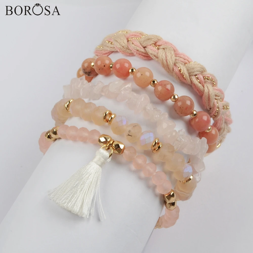 BOROSA 5 Комплекты с браслетом наборы(5 шт./компл. браслеты) светло-розовые бусины из нефрита AB покрытие стеклянная бусина фасетчатые украшения WX1186