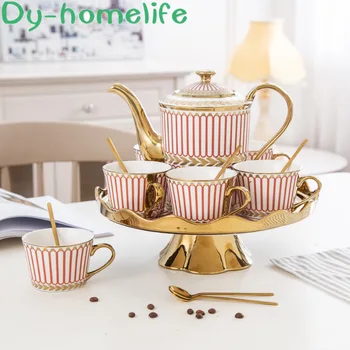 

Ceramic Coffee Tea Set Nordic Tracing Gold Rotatable Tray Coffee Pot Cup Set Home and British Afternoon Tea Tea Set Water Set