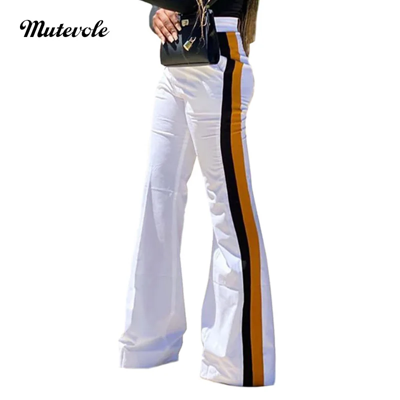 Mutevole Women Patchwork Side Striped Bell Bottom Pants Casual Midi Waist Flare Trousers Female Fashion Summer Party | Женская одежда