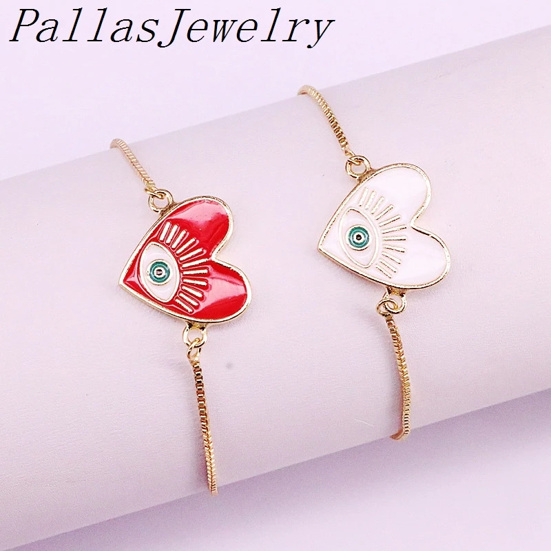 10 шт. Новая Модная Золотая цепочка Белый Красный Эмаль Сердце ожерелье с глазом регулируемый браслет с бусинами для женщин ювелирные изделия