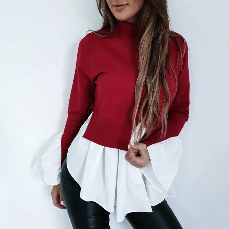Elsvios Повседневная Женская Лоскутная рубашка с оборками, блузка, элегантный свитшот с v-образным вырезом, пуловер, осень, летучая мышь, длинный рукав, Blusas, топы, XL - Цвет: 03 Red