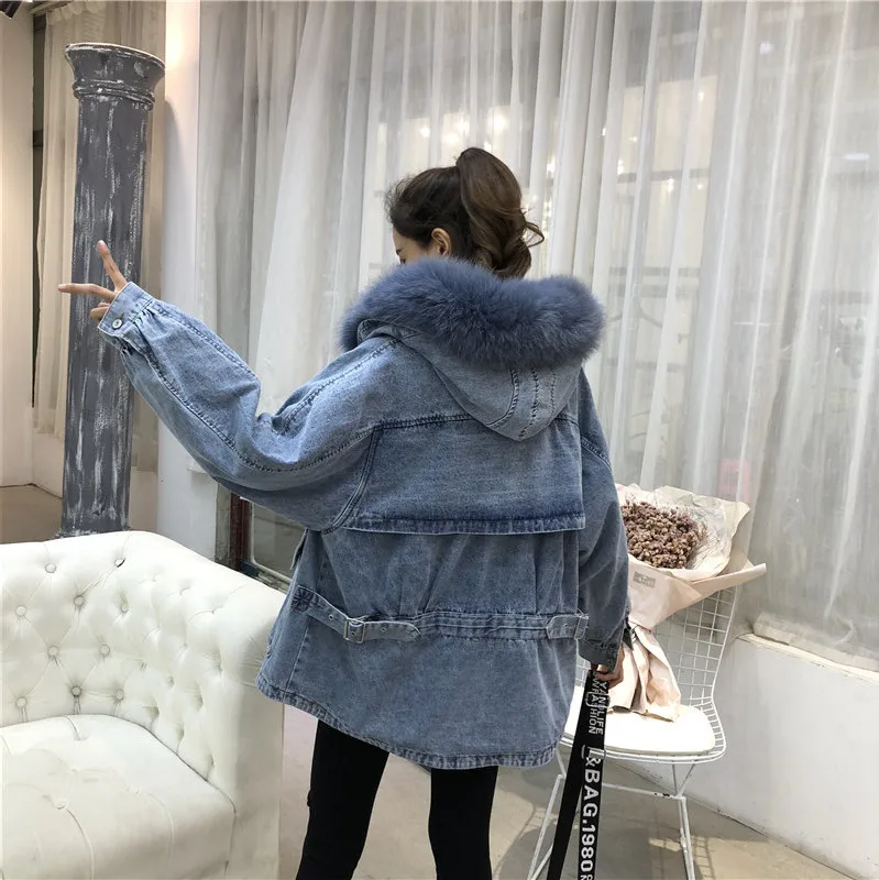 

2019 Winter New Style Jeans Coat Mid-length Lambs Wool Large Pocket Cotton-padded Clothes Really Fox Fur Hooded Cotton Coat