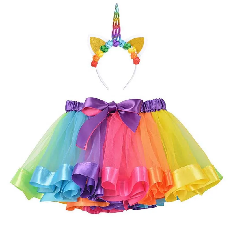 Детские летние модные юбки-пачки с радугой, повязка на волосы с единорогом, фатиновая юбка для маленьких девочек, От 0 до 7 лет, рождественские подарки-пачки - Цвет: DX39-8