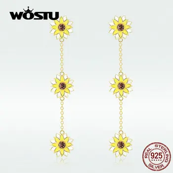 

WOSTU S925 Golden Color Sunflower Drop Earrings 100% Real 925 Sterling Silver CZ Earrings Jewelry Making For Women BNE187