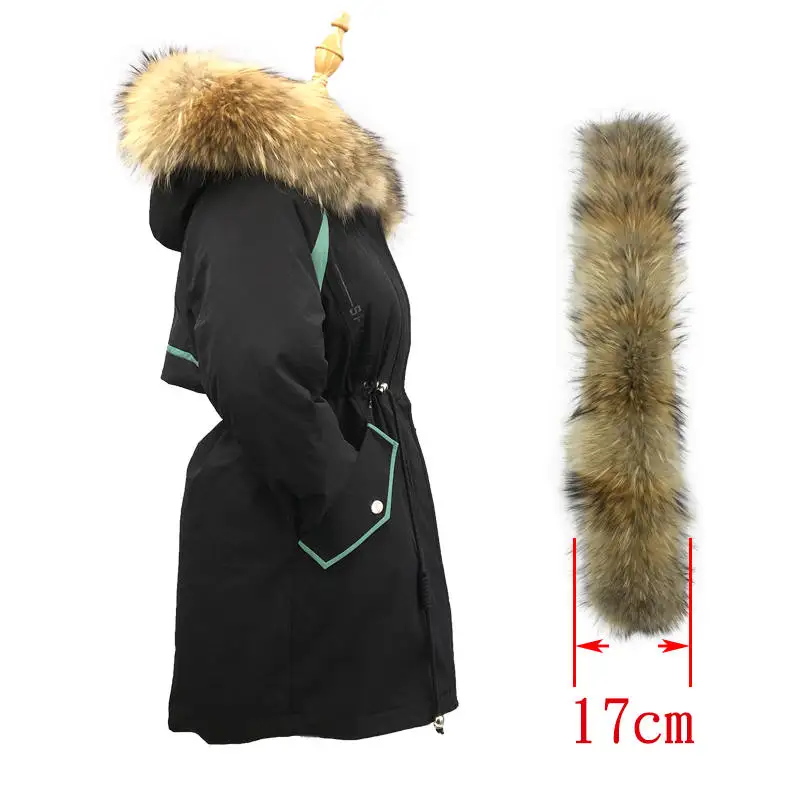 Пуховик на утином пуху, толстая женская зимняя парка с воротником из натурального меха, черное теплое пальто, натуральная куртка с капюшоном из меха енота - Цвет: Black 17cm Fur