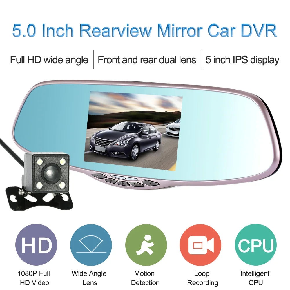 

KKmoon 5.0 inch 1080P Dual Lens Car Camera Rearview Mirror Recorder with G-Sensor / Parking Monitor