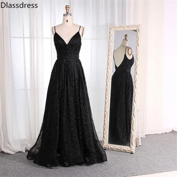 

Black Evening Dresses vestidos de noite Sequins A-line Floor Length Spaghetti Straps V-neck Backless Prom Dress вечерние платья