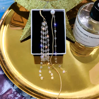 

Very Long Earrings For Women Bling Crystal Tassel Drop Earrings With Simulated Pearls Fashion Costume Jewelry