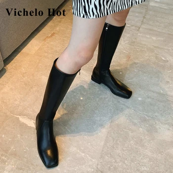 

Vichelo Hot work boots high street fashion square toe low square heels zipper office lady dress daily wear knee-high boots L07
