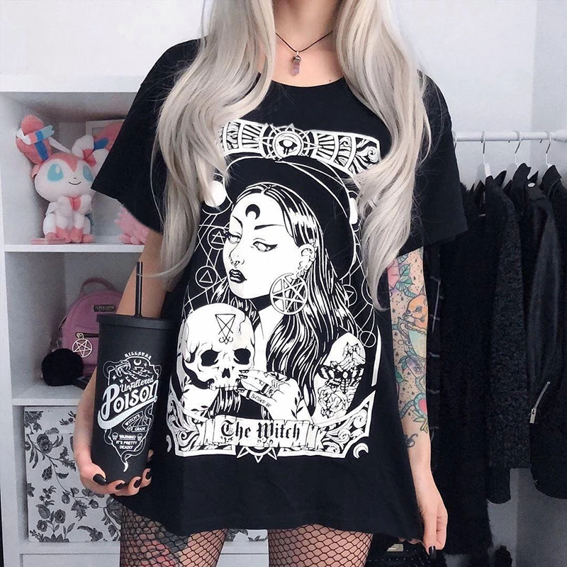 

Dreamcase-JF Goth Vintage Oversized T-shirts Gothic Swith Print Loose Women Black Top T-shirt Streetwear Casual Punk Long Tops