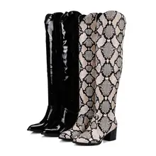 Лидер продаж большие размеры 32-48, в западном стиле; рыцарские сапоги Для женщин выше колена, сапоги до бедра со змеиным рисунком ботинки с принтом Для женщин, без застежек, на каблуке; женская обувь