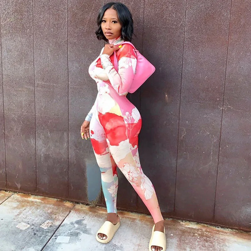 

FIXSYS 2020 Autumn New Printing Color Contrast High Waist Sports Fitness Jumpsuit Women Wholesale