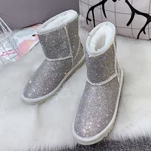 Зимние ботинки; женская модная теплая обувь из плюша; Цвет черный, серебристый; роскошные женские ботильоны из натуральной кожи с кристаллами;