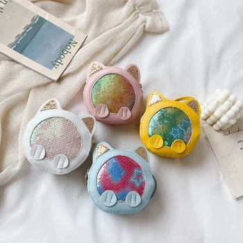 

Korean Sequined Small Round Children's Bag Girls Princess Fashion Messenger Bag Cartoon Cat PU Leather Shoulder Crossbody Bags