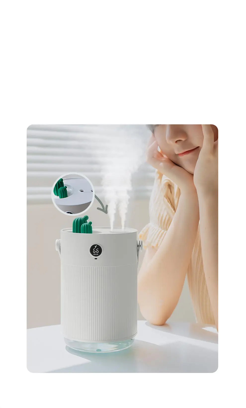 YouPin 1L Sothing Cactus Double Spray Humidifier LCD Digital Detect Humidity Purifying Air Mist Diffuser With 7 Colorful LED Light (6)