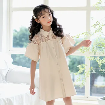 

2020 Turn-down Collar dress for girls pink lace patchwork baby girl clothes cotton princess shirtdress Summer Flounce Sleeve