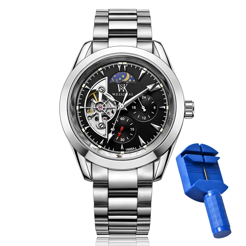 Automatic Mechanical Watches for Men Fashion Tourbillon Moon Phase Luminous Hands Stainless Steel Wristband Male Clock Gift 795 