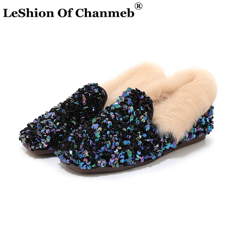 

Hot Fashion Bling Sequin Espadrilles Women Warm Faux Fur Flats Thermal Winter Shoe Woman Ladies Moccasins Slipon Glitter Loafers