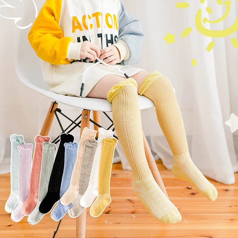 Летние тонкие хлопковые детские носки без пятки в Корейском стиле с кружевными стеклами Детские противомоскитные носки выше колена ярких цветов