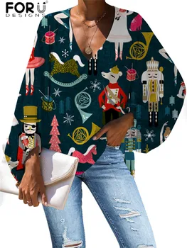 

FORUDESIGNS Harajuku Style Santa Claus Print Blouse 2019 Casual Loose Long Sleeve Shirt Tops Plus Size V-neck Comfortable