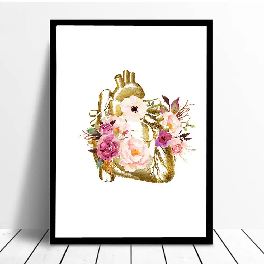 

Heart Art Canvas Poster Painting Flower Anatomy Medicine Wall Print Clinic Medical Office Decor Black Metal Organic Glass Framed