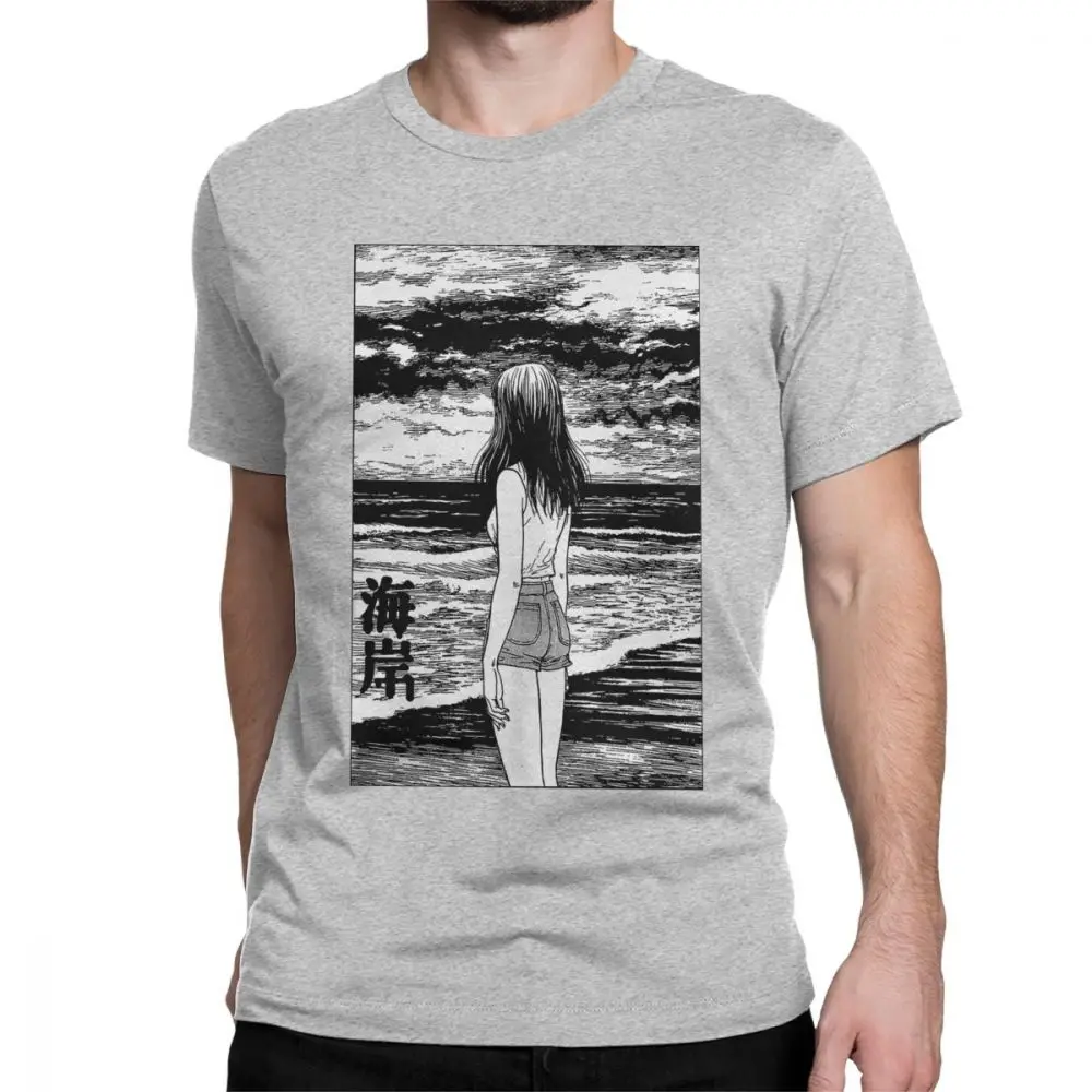 Uzumaki/футболка с морем, футболки с рисунком ужасов, футболка с мангой, футболки Junji Ito, Мужская футболка, винтажные футболки из чистого хлопка с короткими рукавами, футболки одежда - Цвет: light grey