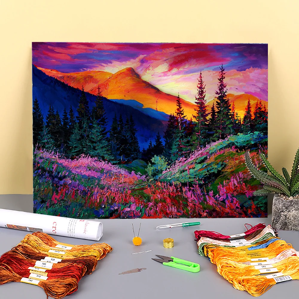 Landscape Evening Printed WaterSoluble Canvas 11CT Cross Stitch Embroidery Complete Kit DMC