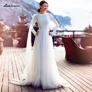 

Lakshmigown Boho Wedding Dress Long Sleeve 2020 New Winter Modest Satin Tulle Bridal Dress with Long Cape Vestido Boda Sirena