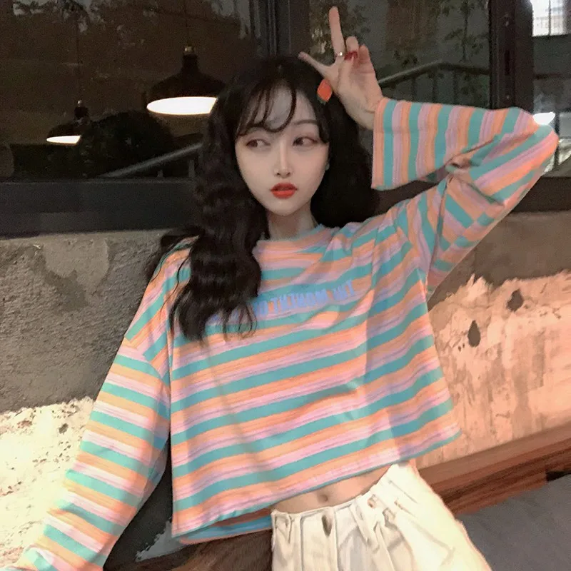 

Korean Style Striped Pattern Letter Print Crop Tops Loose Casual Long-sleeved Women's T-shirts One Size