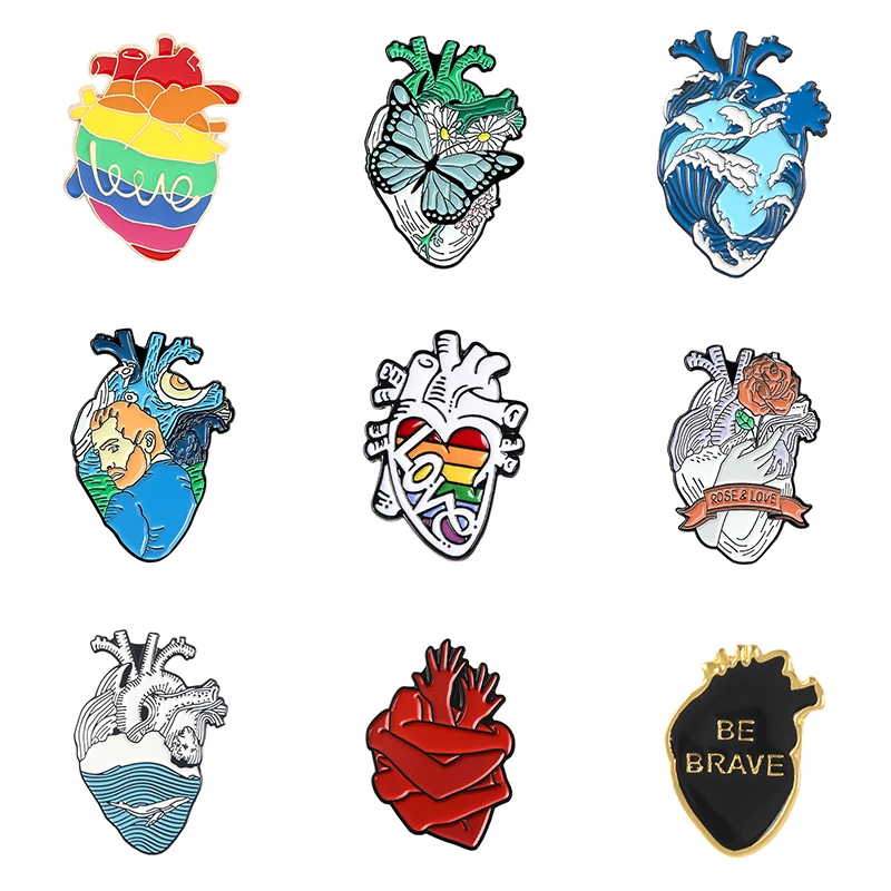 Anatomical Human Heart Enamel Pins Oil Painting Ocean World Butterfly Rose Love Rainbow Heart Brooches Lapel Pin Badge Jewelry