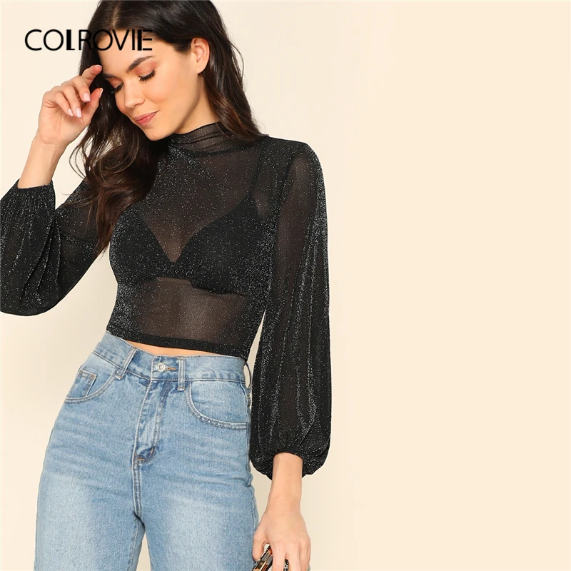 

COLROVIE Black Sheer Bishop Sleeve Glitter Crop Top Without Bra Women Sexy Blouse 2019 Fall Casual Stand Collar Slim Fit Blouses