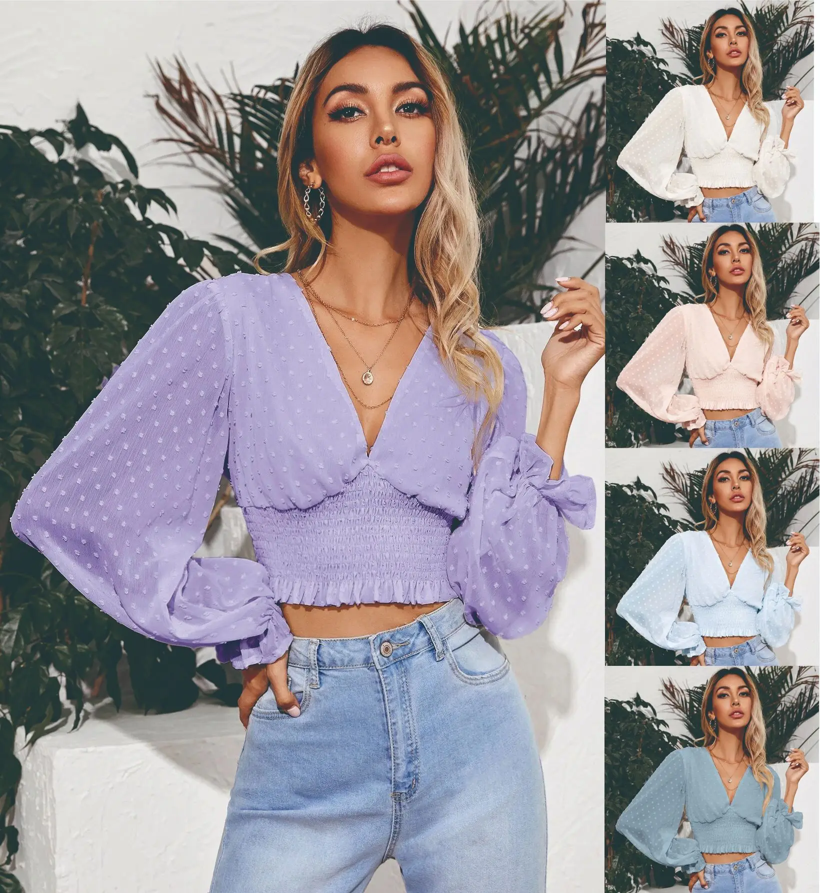 

Women's Shirt Autumn Long-Sleeved Top Chiffon Solid Color Lantern Sleeves V-Neck Pullover Slim Female's Short Blouse