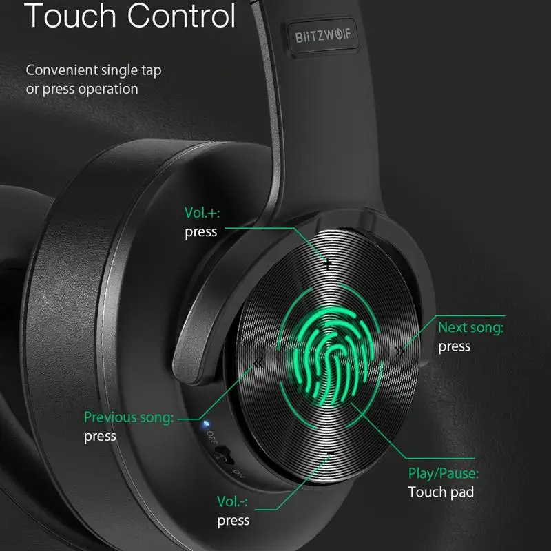 BlitzWolf BW-HP2 Bluetooth V5.0 Headphones Wireless Headset 50mm Driver Touch Control Foldable Over-Ear Gamer Headset with Mic