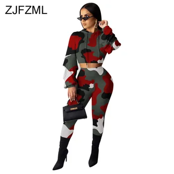 

Camouflage Print 2 Piece Sweatsuits Women Long Sleeve Hooded Crop Top and Fitness Pant Outfits Autumn Winter Sporty Matching Set