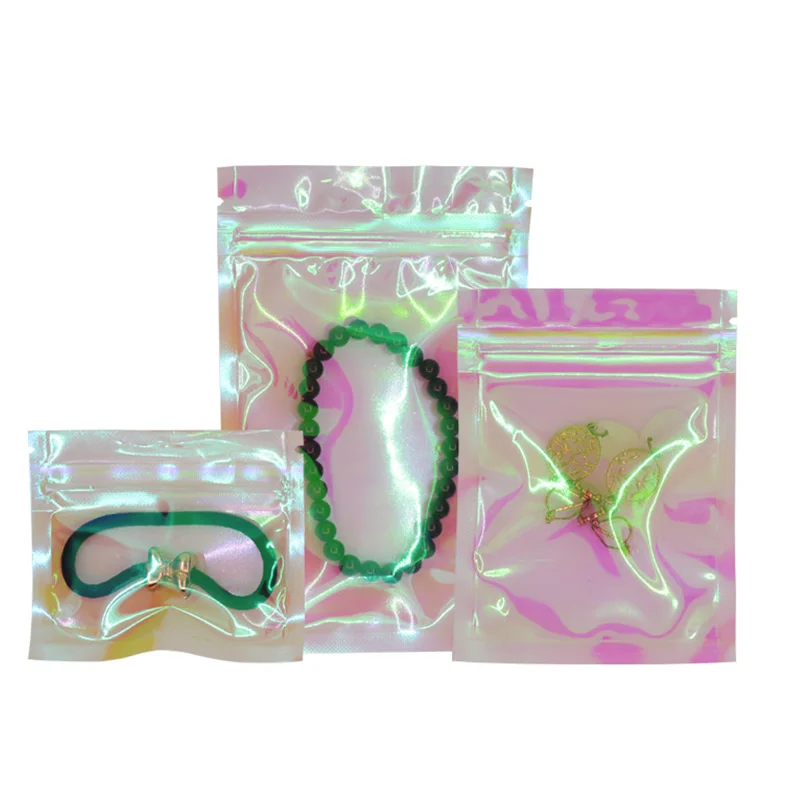 100 Pcs Iridescent Zip Lock Bags Pouches Cosmetic Plastic Laser