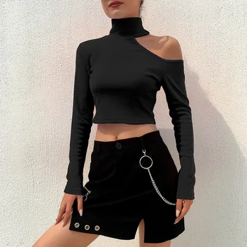 

Focal20 Streetwear Solid Off Shoulder Women T Shirt Knitted Turtleneck Lady Crop Tops Pullovers Sexy Spring Lady T Shirts Tees