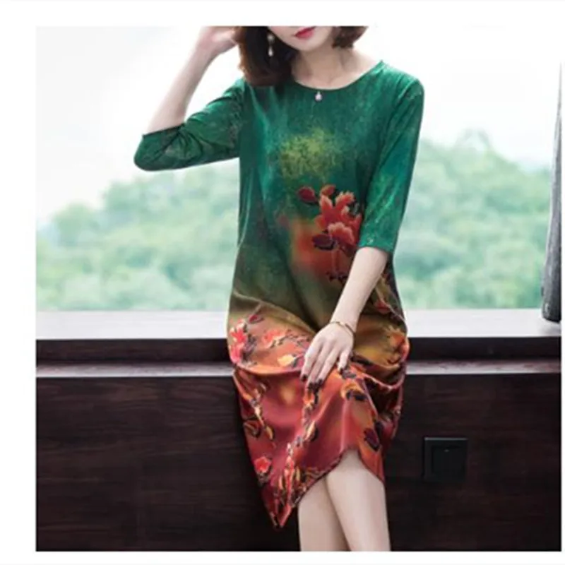 

Short Sleeve New Summer Slik Dresses Women Print O-neck Elegant Dress Fashion Ladies Loose Casual Slik Dress vestidos