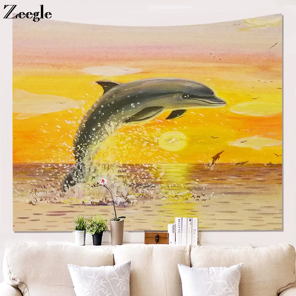 Zeegle Printed Dolphin Wall Hanging Tapestry Beach Blanket Picnic Mat Home Art Tapestries Decor Living Room Decoration Tapestry