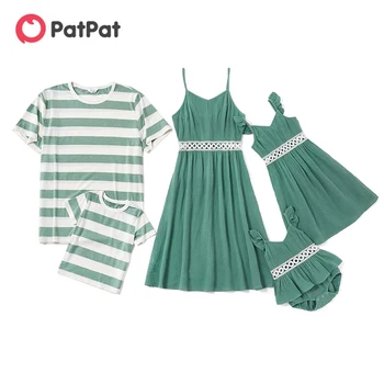 

PatPat 2020 New Arrival Summer Mosaic Family Matching Cotton Hollow Out Lace Flutter-sleeve Tank Dresses Stripe T-shirts