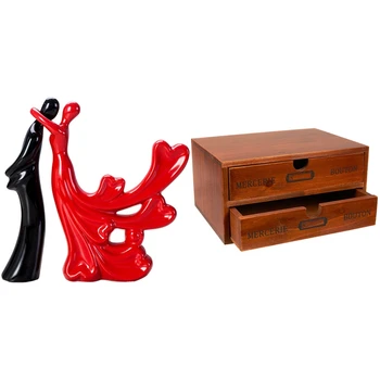 

New 1pcs Ceramic Lovers Embrace Dancing Statues Home Decoration & 1pcs Wood Desktop Organizer Storage Box with Drawers