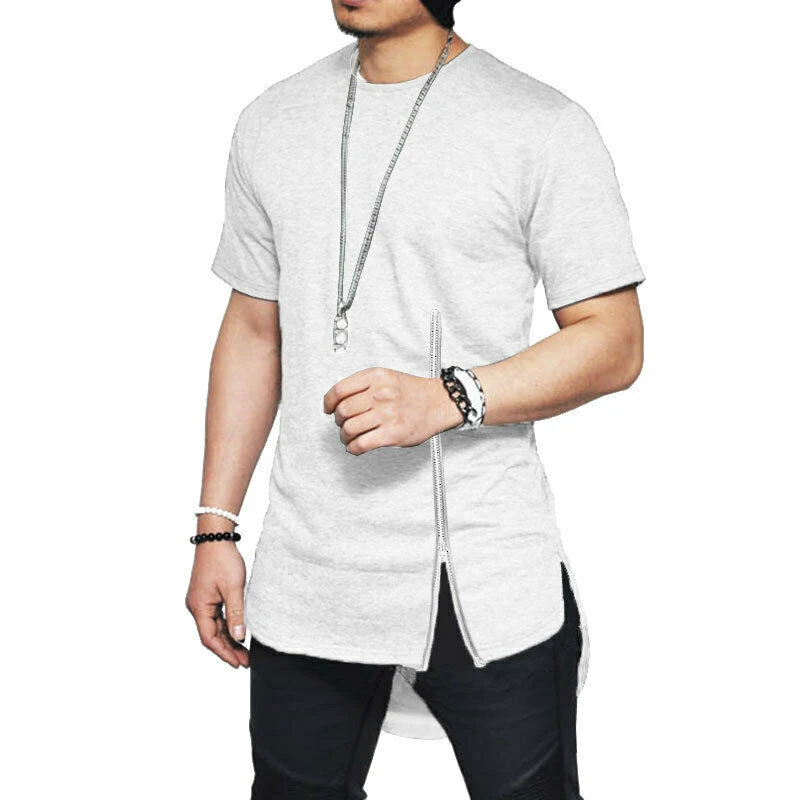 Summer Mens Solid T-shirt Short Sleeve Zipper Slim Tee Men Fashion Crew Neck Longline Oversized Plain Tops Casual Daily 4 Color