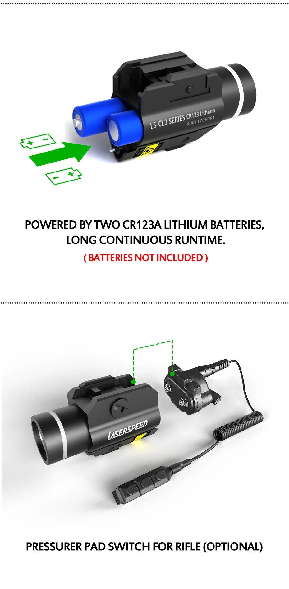 Rifle e Pistola 2 em 1 Verde com 450lm Led para Caça Laservelocidade Combo Tactical Pulsado Mira Laser Lanterna Glock 17 19 7 mira laser verde com 450lm lanterna led