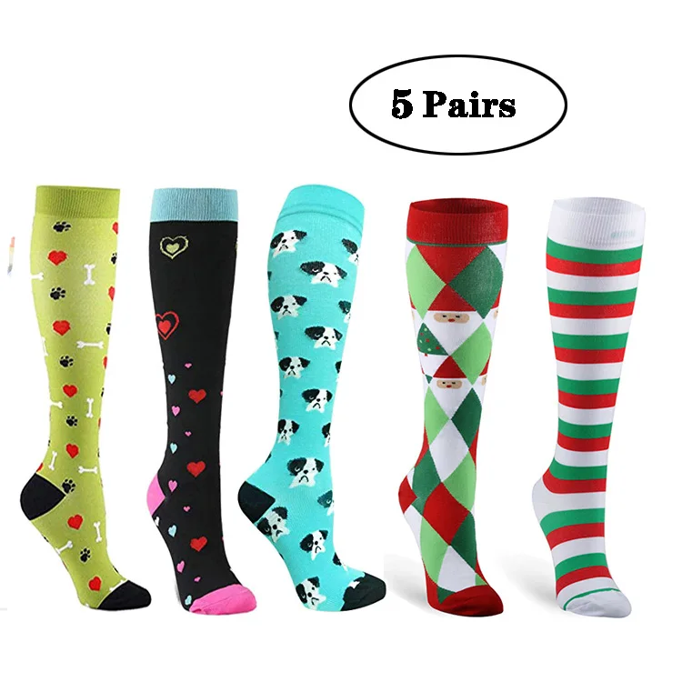 

5 Pairs/Lot Compression Stockings Christmas Stripes Dots Stars Paws Color Love Men Women Pressure Running Socks Varicose Nylon