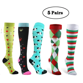 

5 Pairs/Lot Compression Stockings Christmas Stripes Dots Stars Paws Color Love Men Women Pressure Running Socks Varicose Nylon