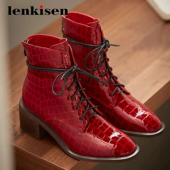 

Lenkisen fashion boots real leather stone pattern round toe thick high heel lace up beauty lady handmade mature ankle boots L7f6
