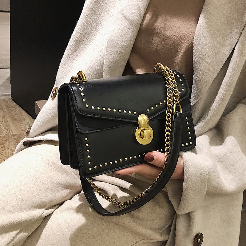 

Retro Bag Women's 2019 New Style Hong Kong Style Versitile Fashion Rivet Casual Lock Shoulder Chain Square Sling Bag