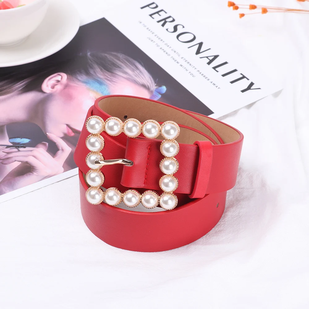 1PC Fashion Women Square Buckle Leather Belt Sweet Inlaid Pearl Decoration Solid Color Belt Elegant Wedding Party Ladies Belt